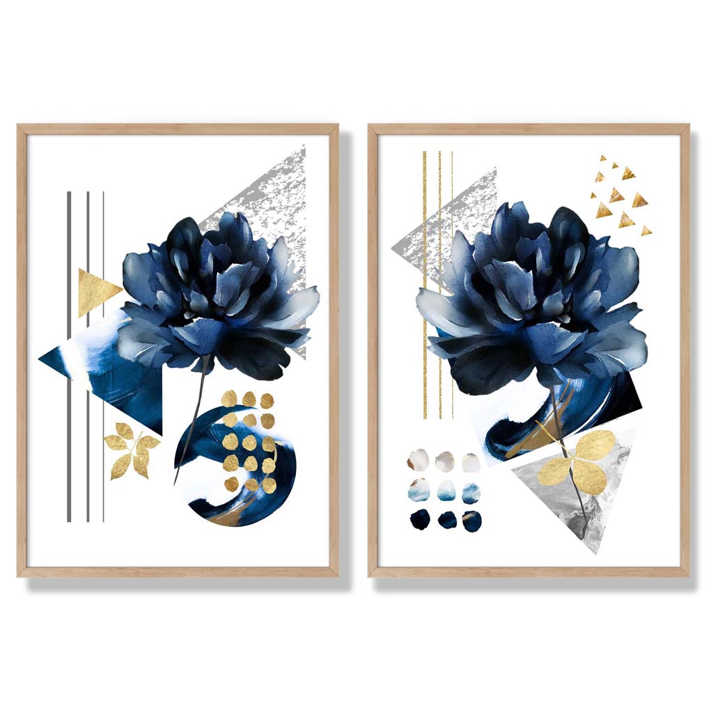 Contemporary Blue Floral Art Prints Set of 2 Framed