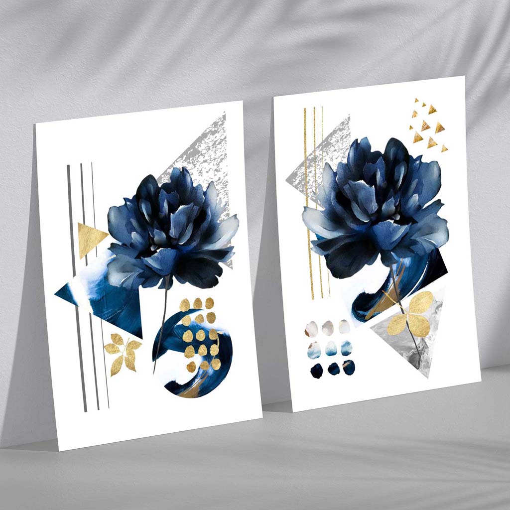 Contemporary Blue Floral Art Prints Set of 2 Framed