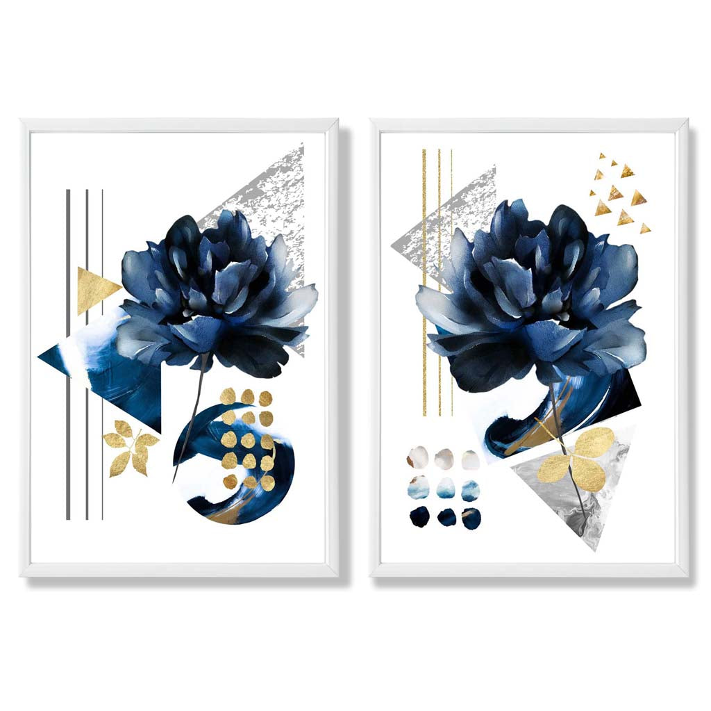 Contemporary Blue Floral Art Prints Set of 2 Framed