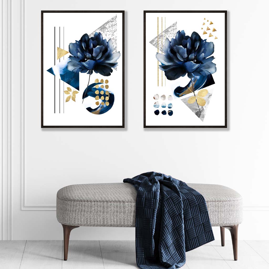 Contemporary Blue Floral Art Prints Set of 2 Framed
