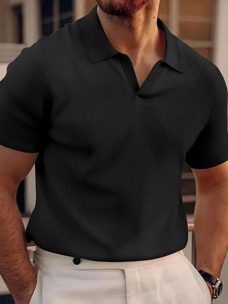 Men's V-Neck Jacquard Polo Shirt with Short Sleeves