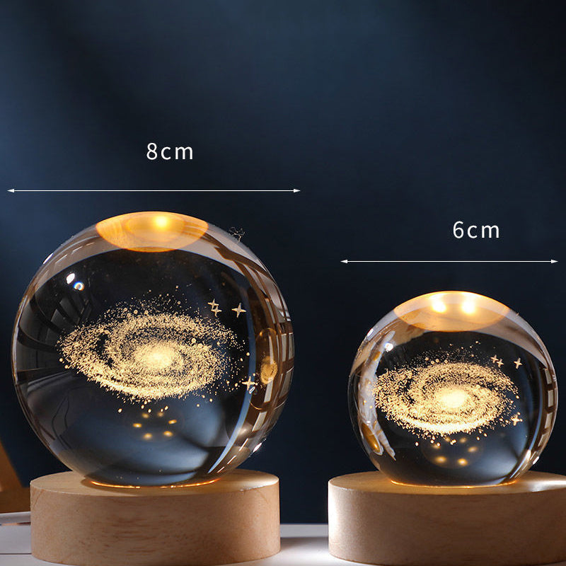 3D Solar System Crystal Ball Night Light with Wooden Base
