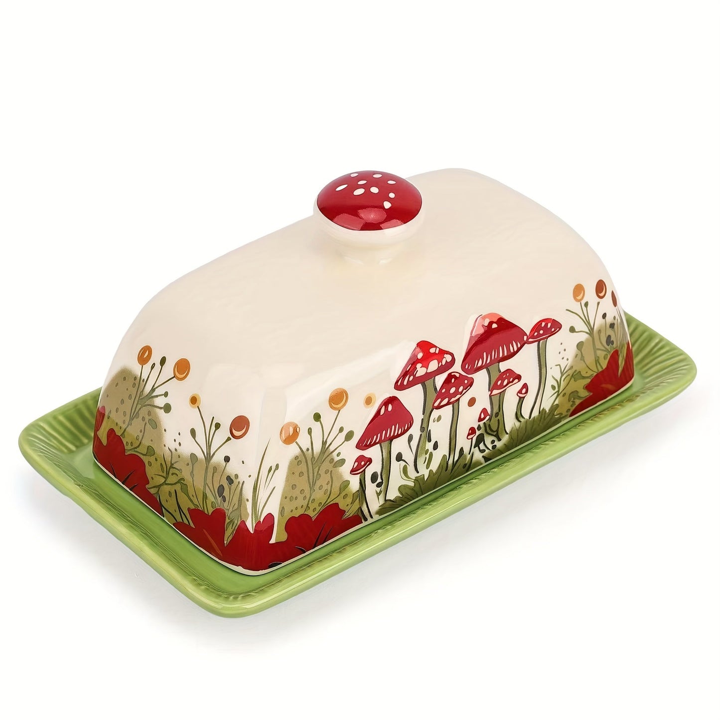 Ceramic Butter Dish with Lid - Hand-Painted Mushroom Design