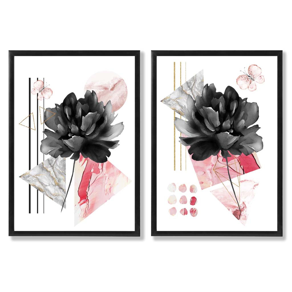 Framed Black and Pink Flower Art Prints Set of 2