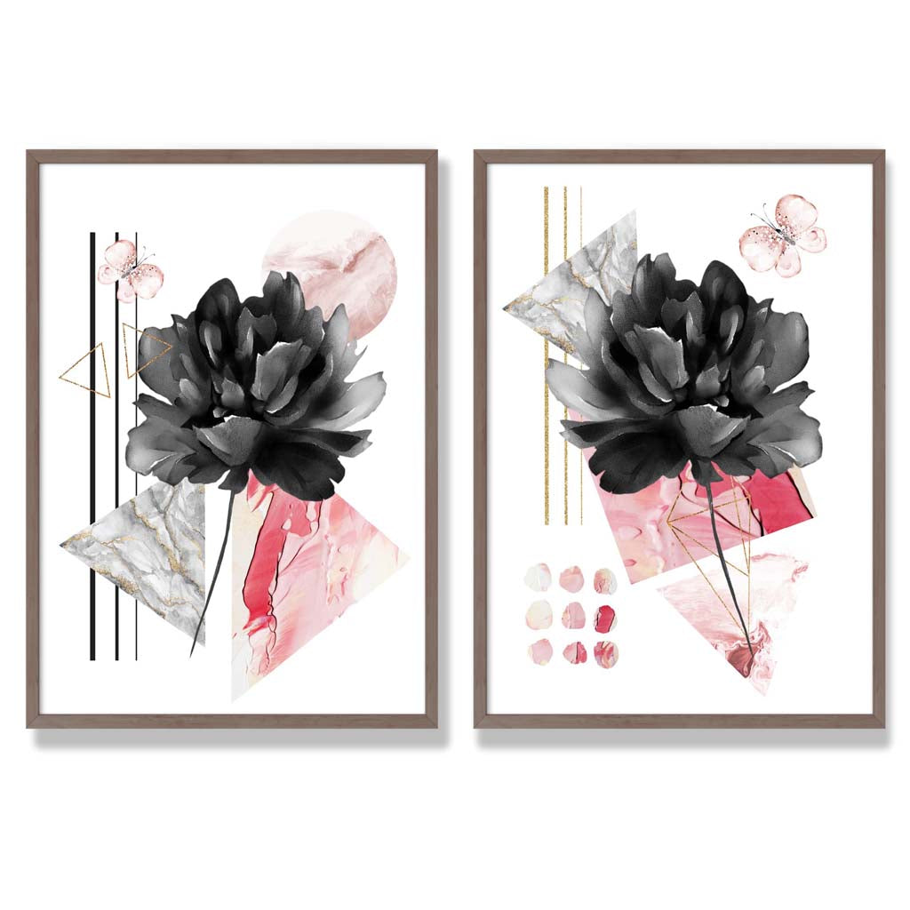 Framed Black and Pink Flower Art Prints Set of 2