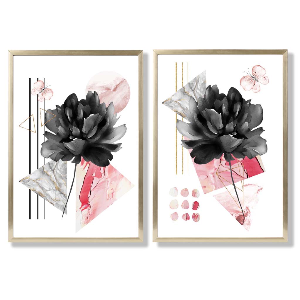Framed Black and Pink Flower Art Prints Set of 2