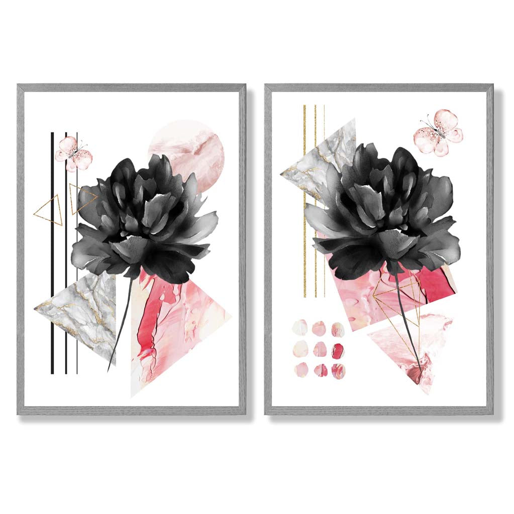 Framed Black and Pink Flower Art Prints Set of 2