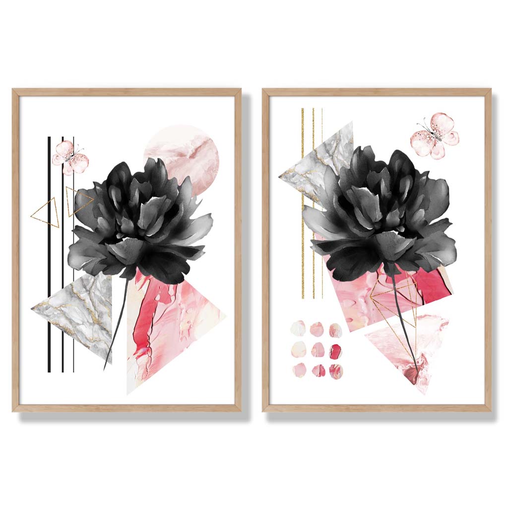 Framed Black and Pink Flower Art Prints Set of 2