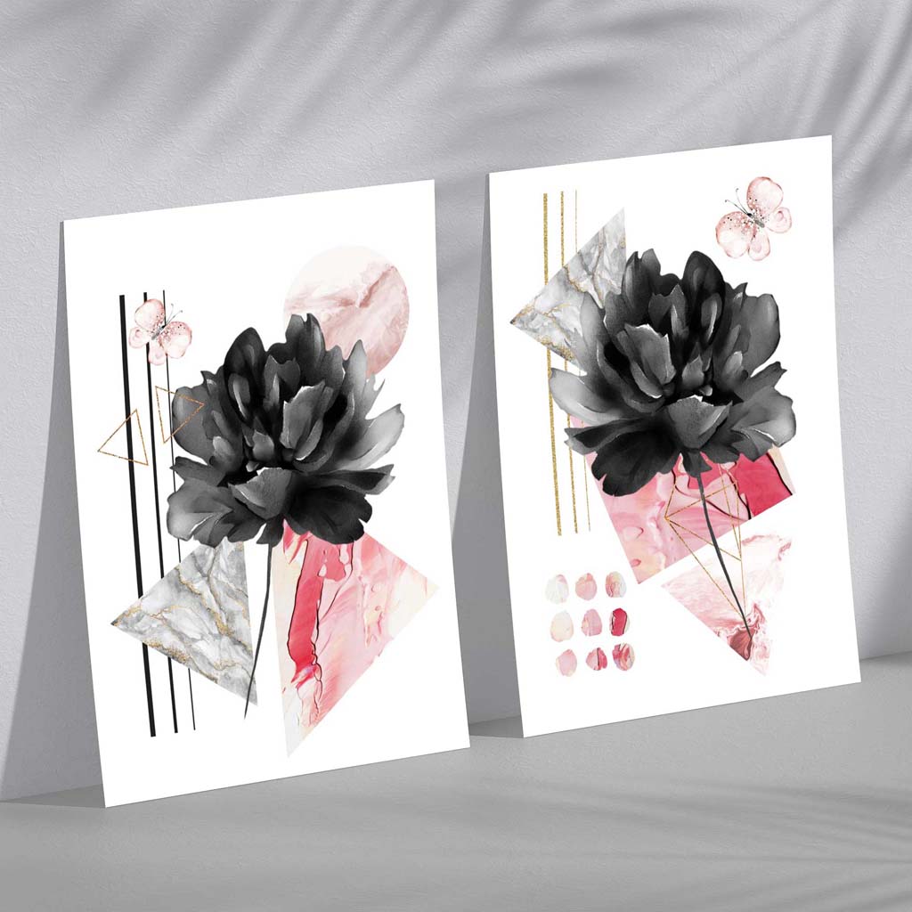 Framed Black and Pink Flower Art Prints Set of 2