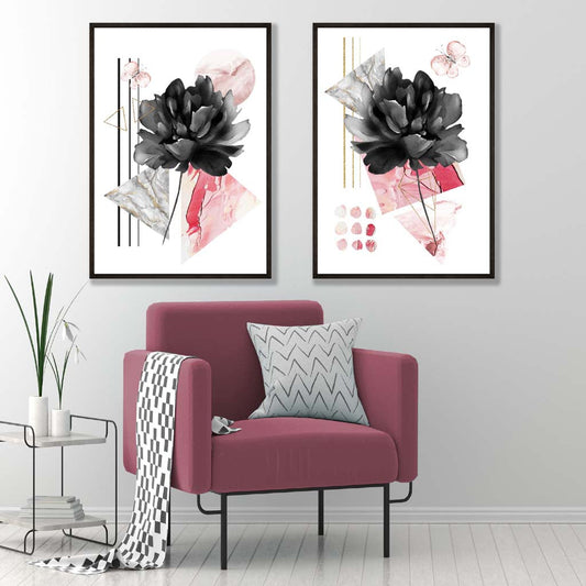 Framed Black and Pink Flower Art Prints Set of 2