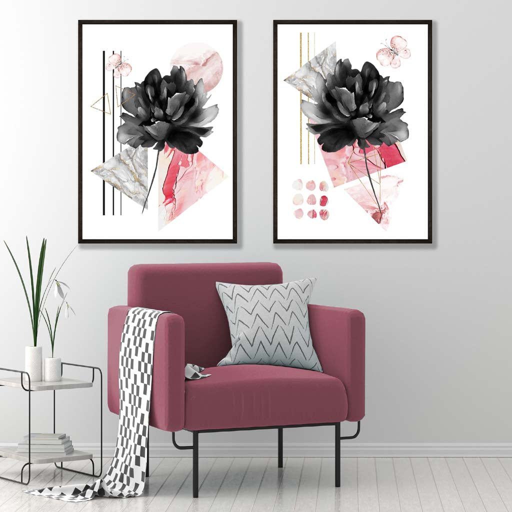 Contemporary Black and Pink Floral Art Prints Set of 2