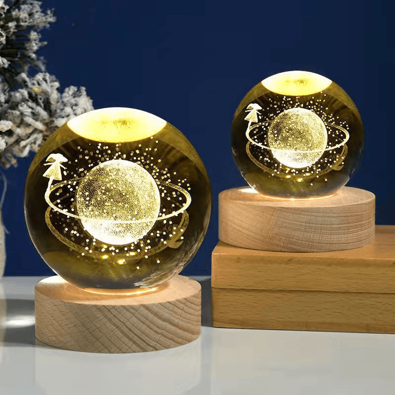 3D Solar System Crystal Ball Night Light with Wooden Base