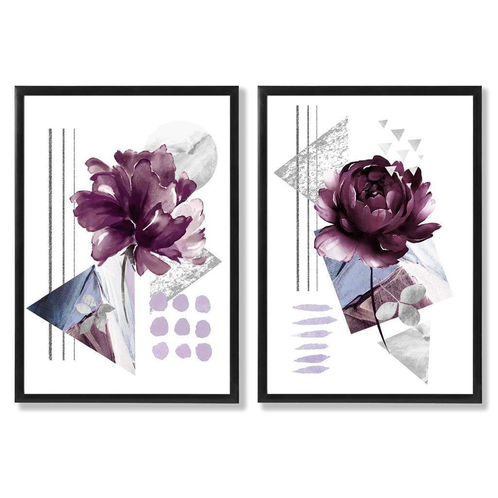 Modern Purple Flower Art Prints with Pine Frames - Set of 2