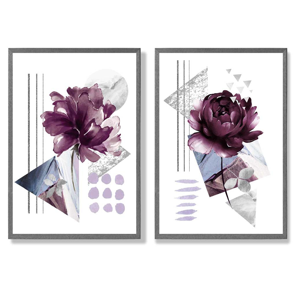 Modern Purple Flower Art Prints with Pine Frames - Set of 2