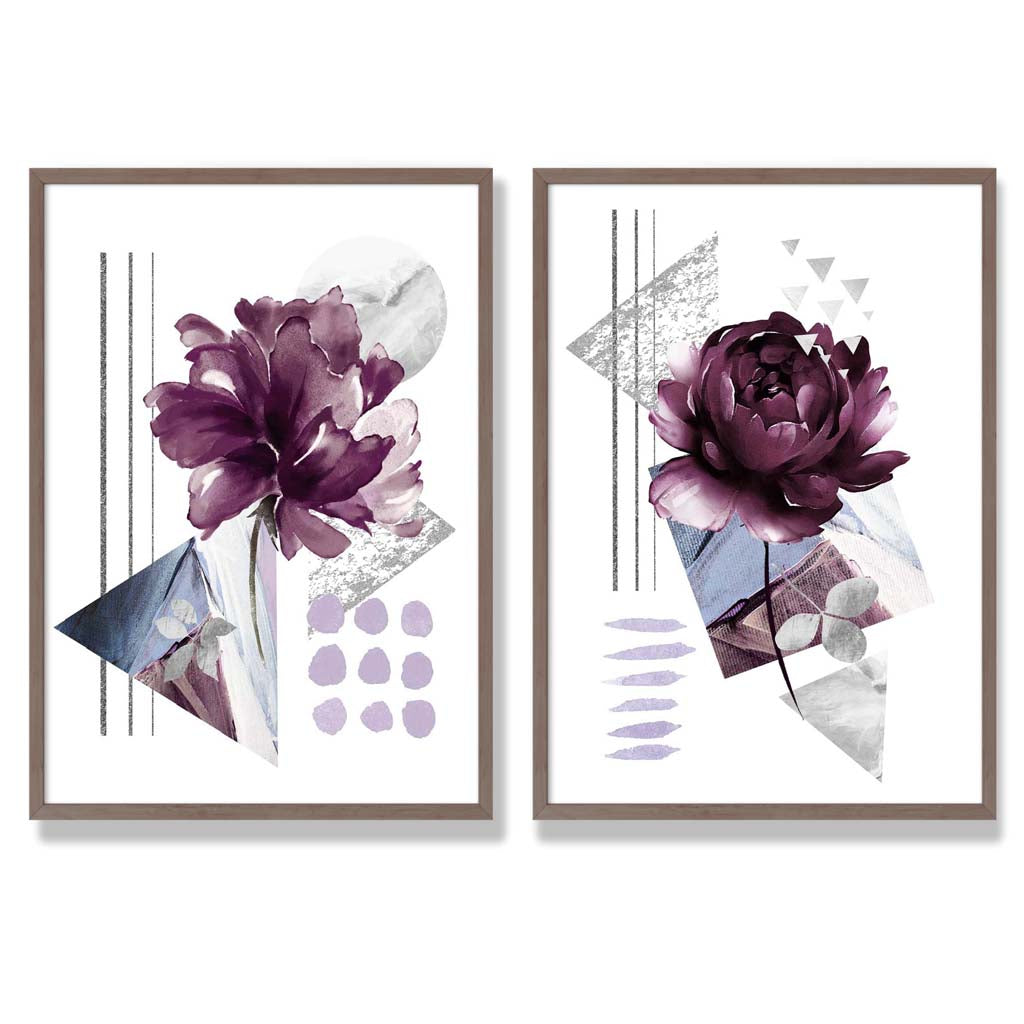 Modern Purple Flower Art Prints with Pine Frames - Set of 2
