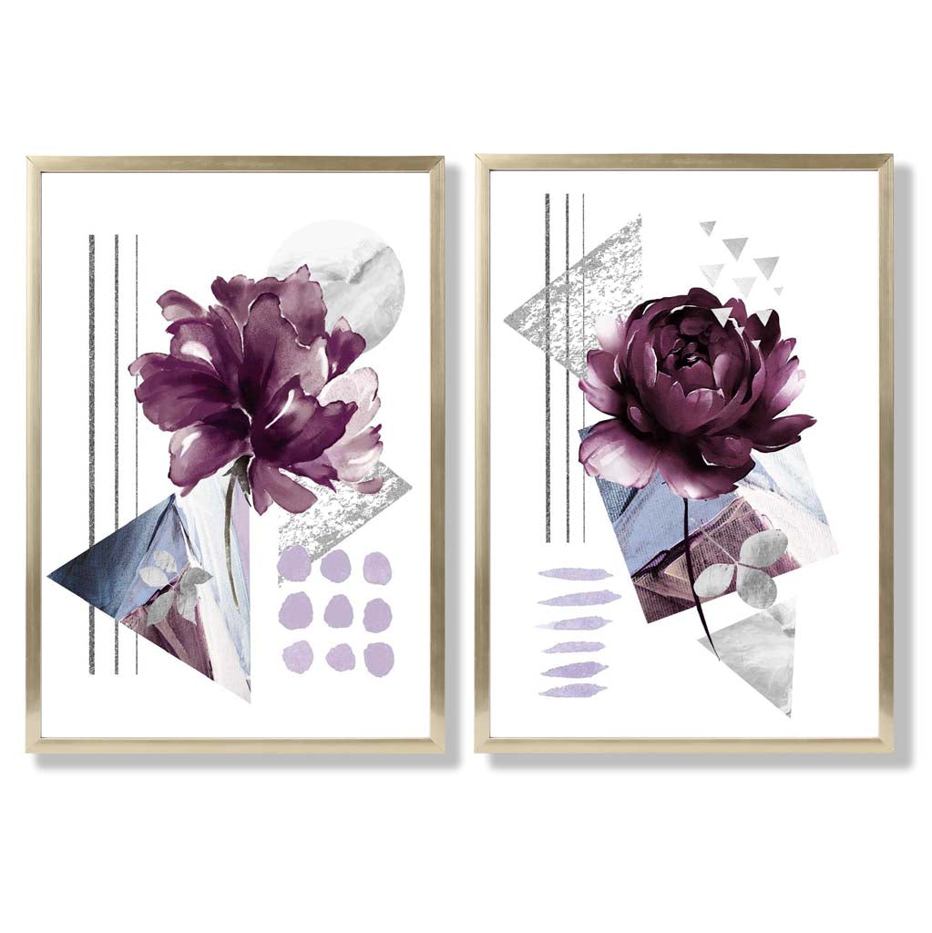 Modern Purple Flower Art Prints with Pine Frames - Set of 2