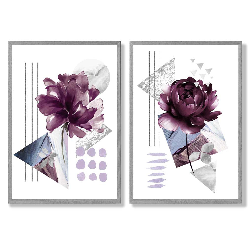 Modern Purple Flower Art Prints with Pine Frames - Set of 2