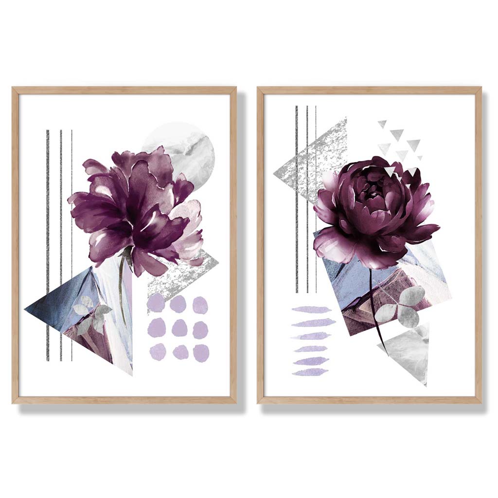 Modern Purple Flower Art Prints with Pine Frames - Set of 2