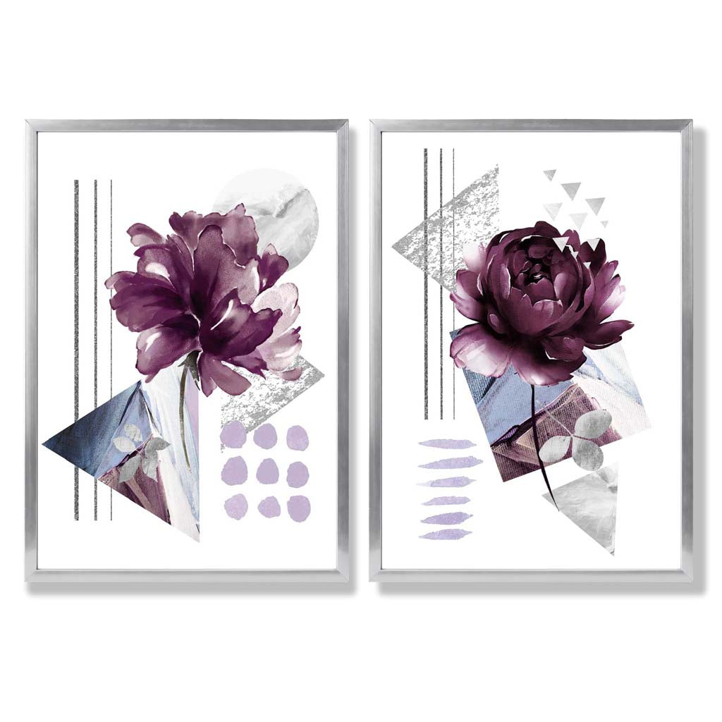 Modern Purple Flower Art Prints with Pine Frames - Set of 2
