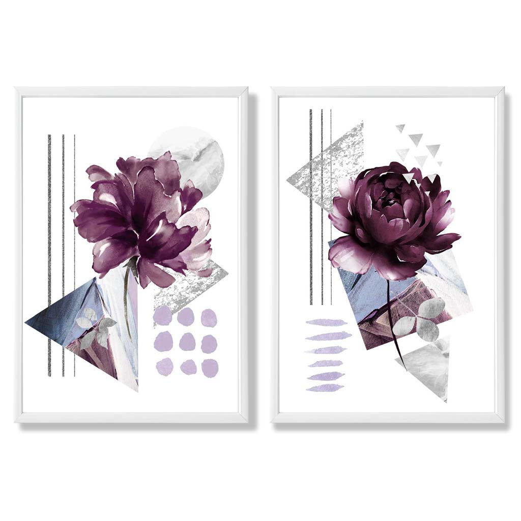 Modern Purple Flower Art Prints with Pine Frames - Set of 2