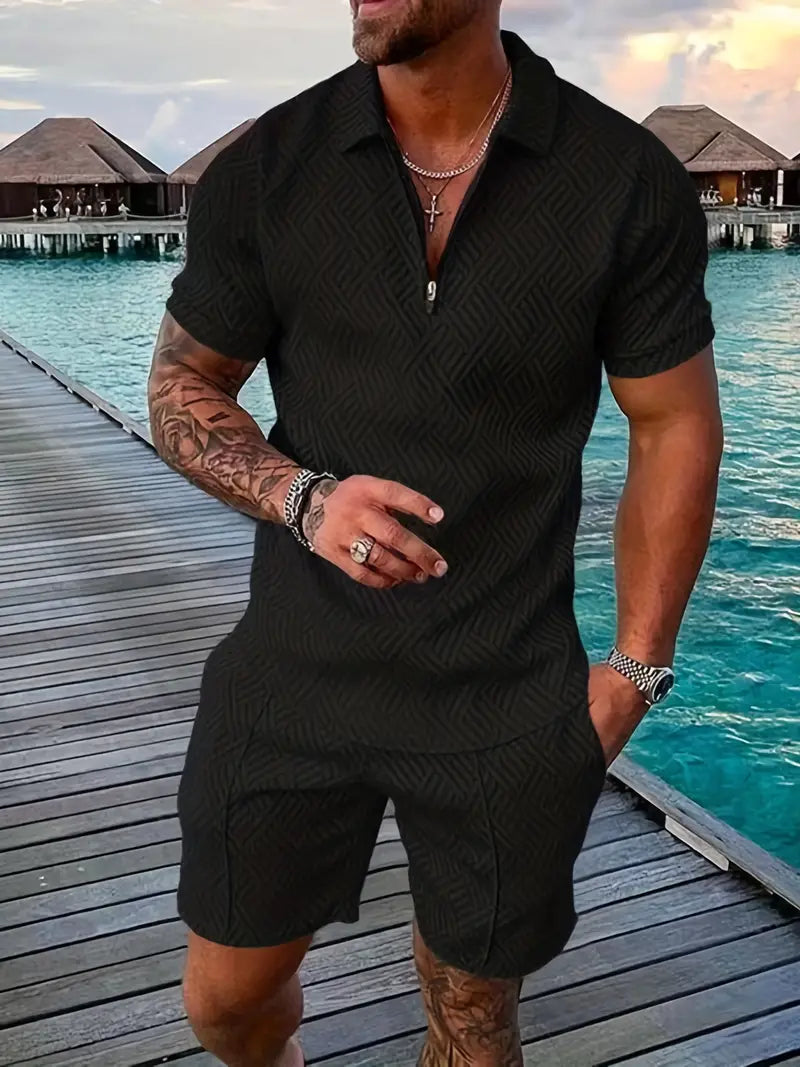 Geometric Pattern Men's Summer Polo and Shorts Set