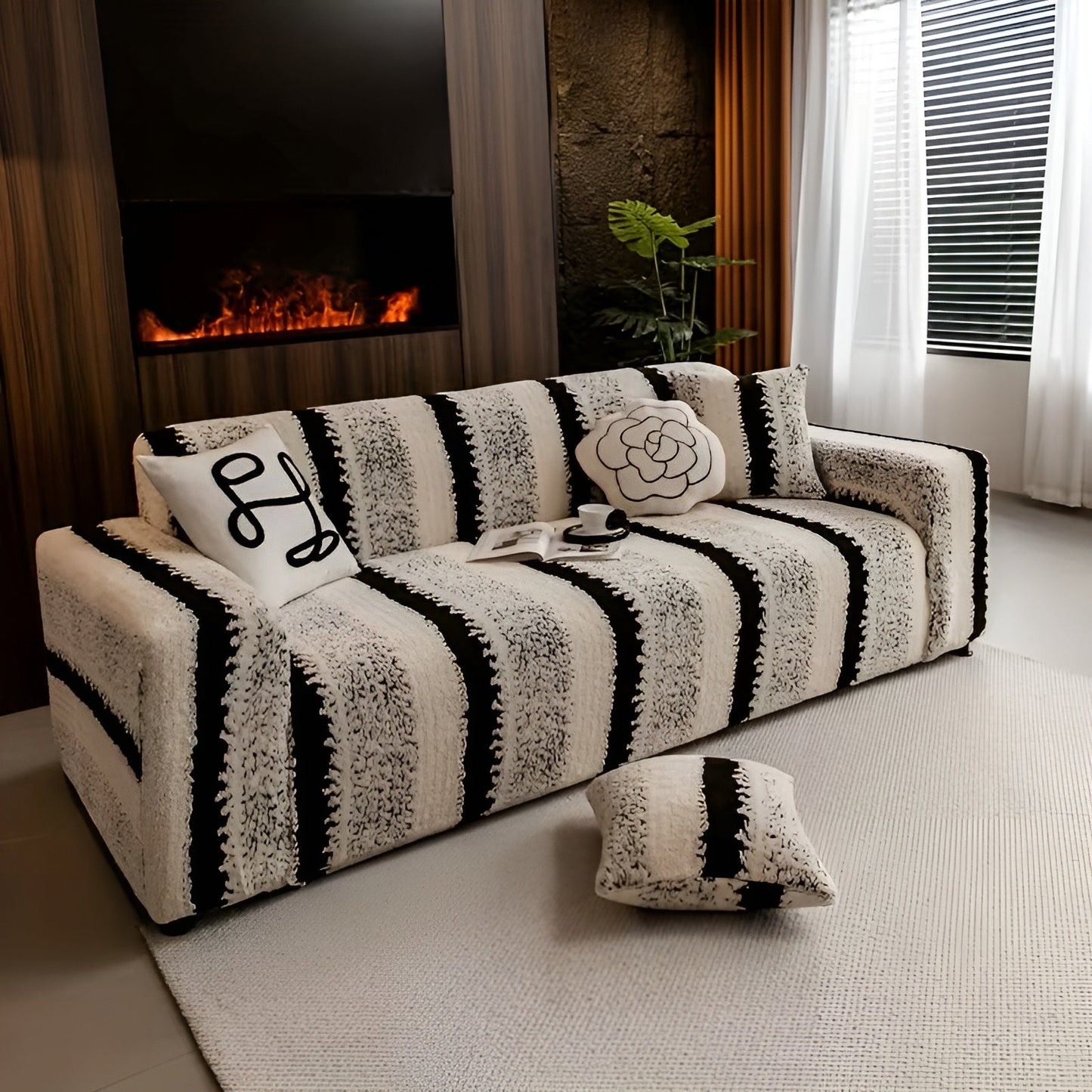 Plush Vertical Striped Sofa Cover Set - Soft Polyester Protection