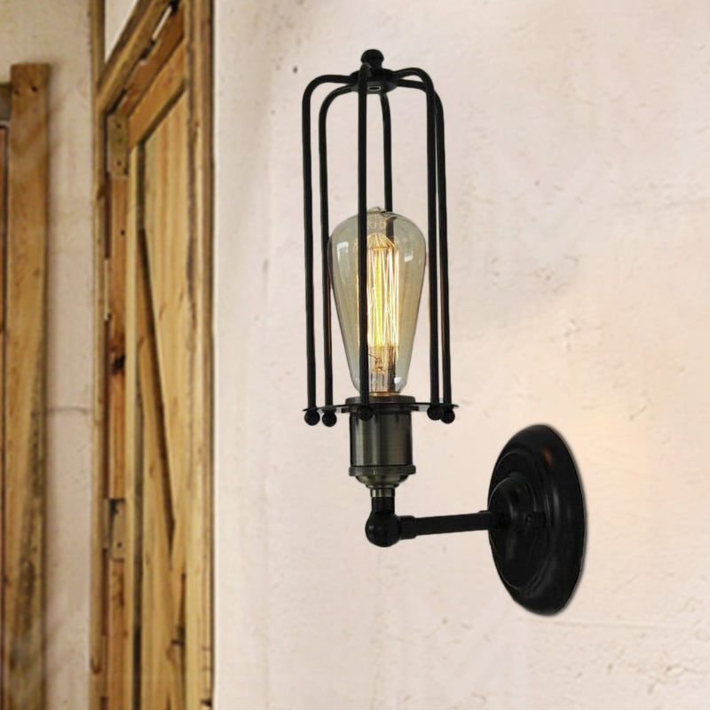 Vintage Industrial Black Metal Wall Lamp with Tube Cage Shade