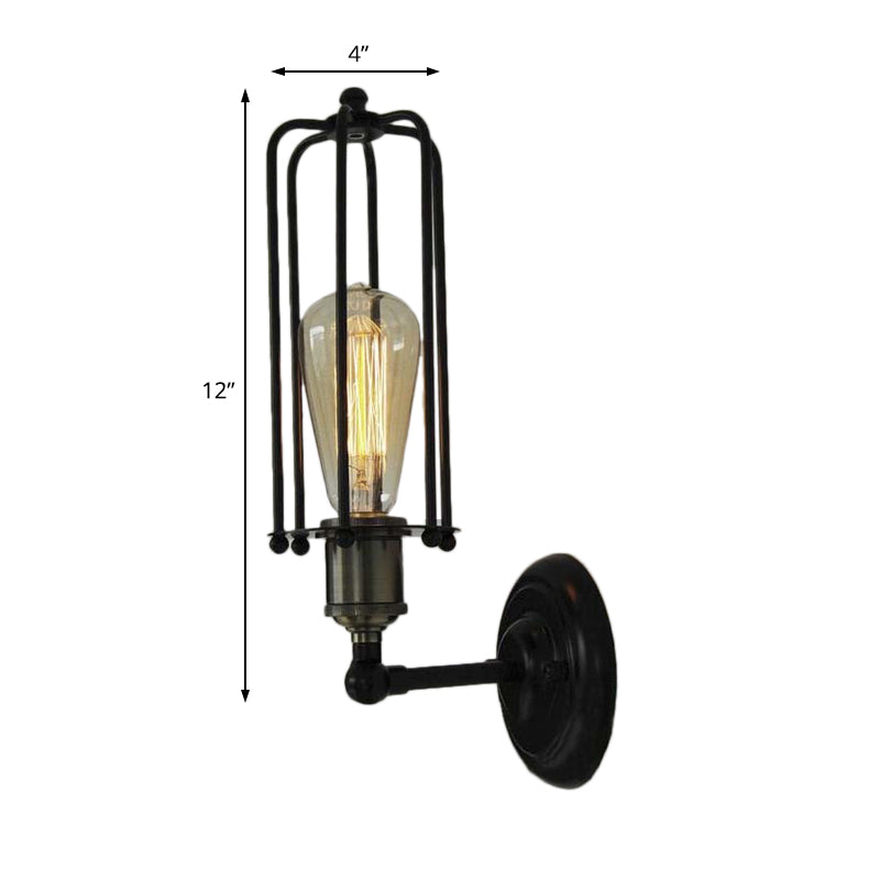 Vintage Industrial Black Metal Wall Lamp with Tube Cage Shade