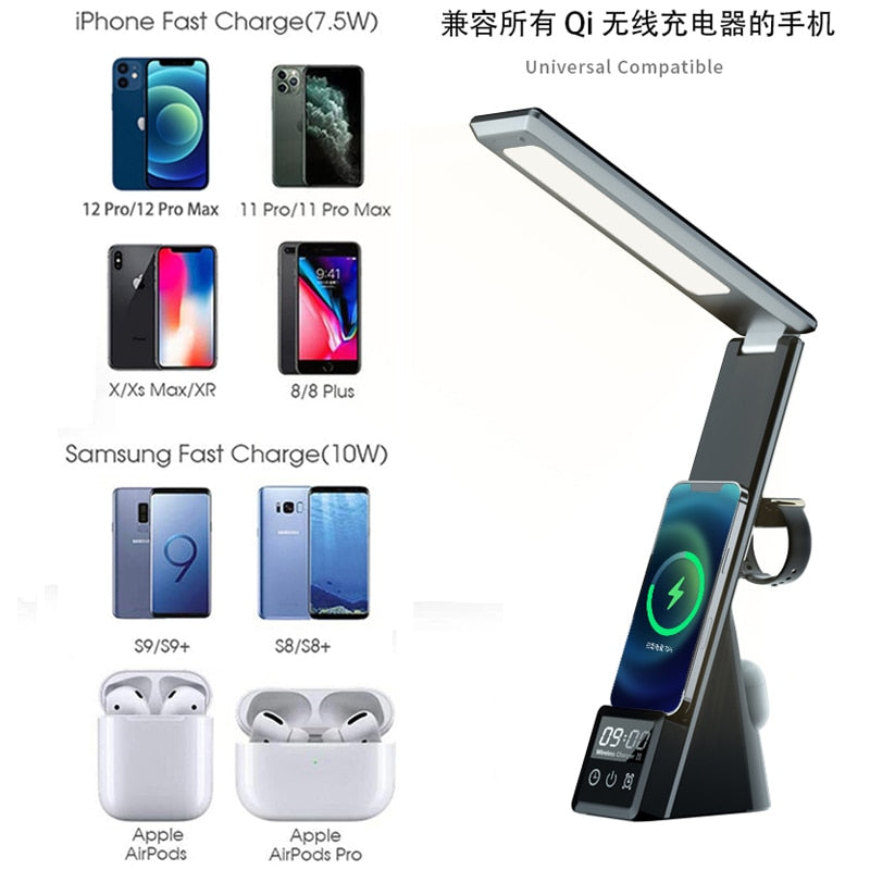 LED Desk Lamp with Wireless Charger and Alarm Clock