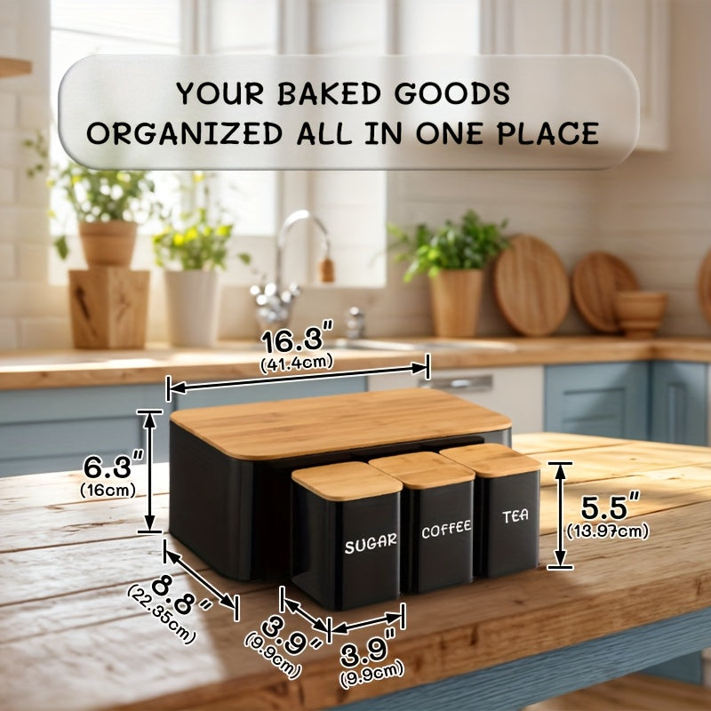 Bamboo Lid Bread Box Set with Tea, Coffee, Sugar Canisters