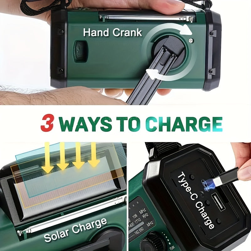Emergency Solar Crank Radio with 10,000 mAh Power Bank, LED Light, SOS Alarm, and Compass