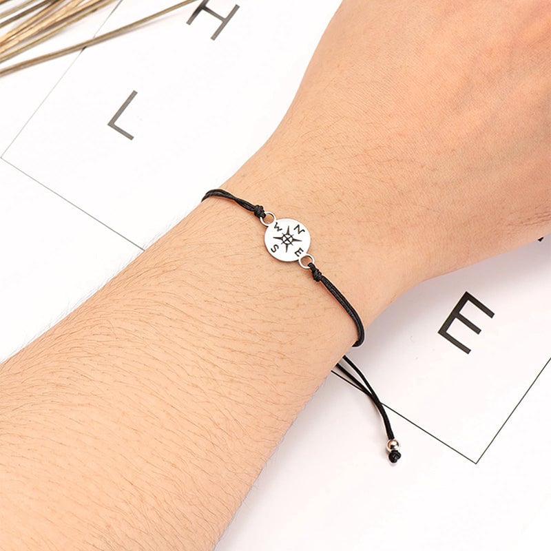 Adjustable Black Braided Graduation Bracelet with Compass Charm