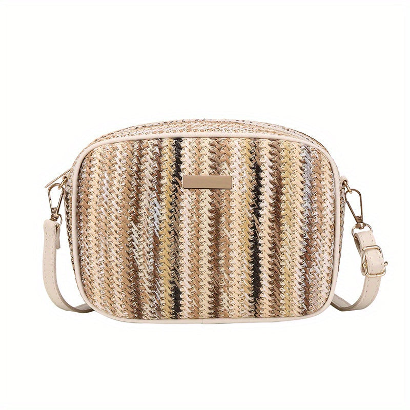 Woven Striped Shoulder Bag for Women with Zipper Closure