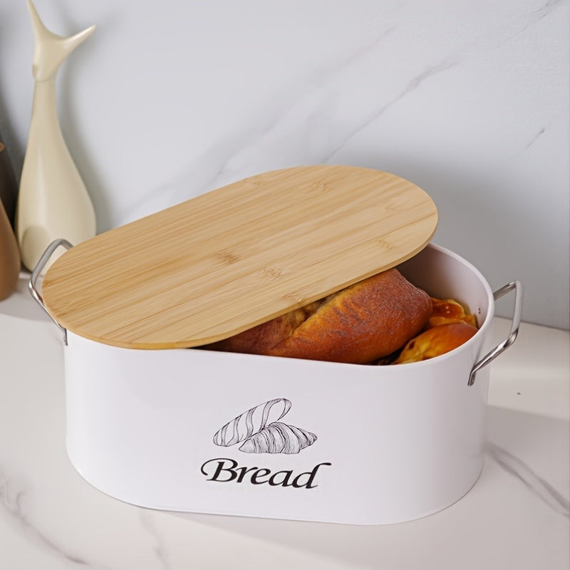 White Oval Bread Box with Bamboo Cutting Board Lid