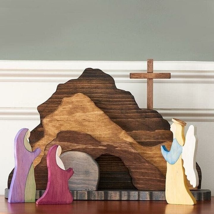 Easter Scene Wooden Christian Decor with Removable Cross and Angel