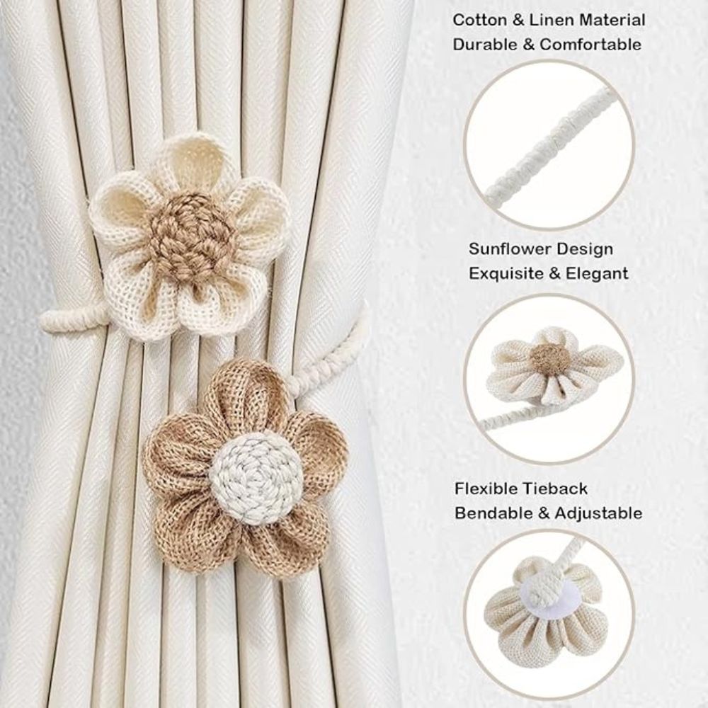 Floral Hemp Curtain Tiebacks - Rustic 2 Piece Set