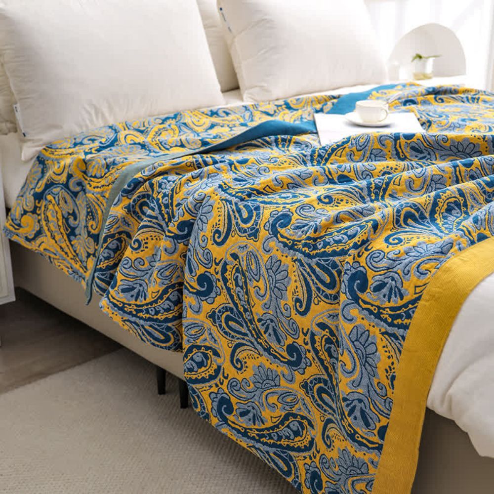 Azure Golden Retro Cotton Throw Blanket