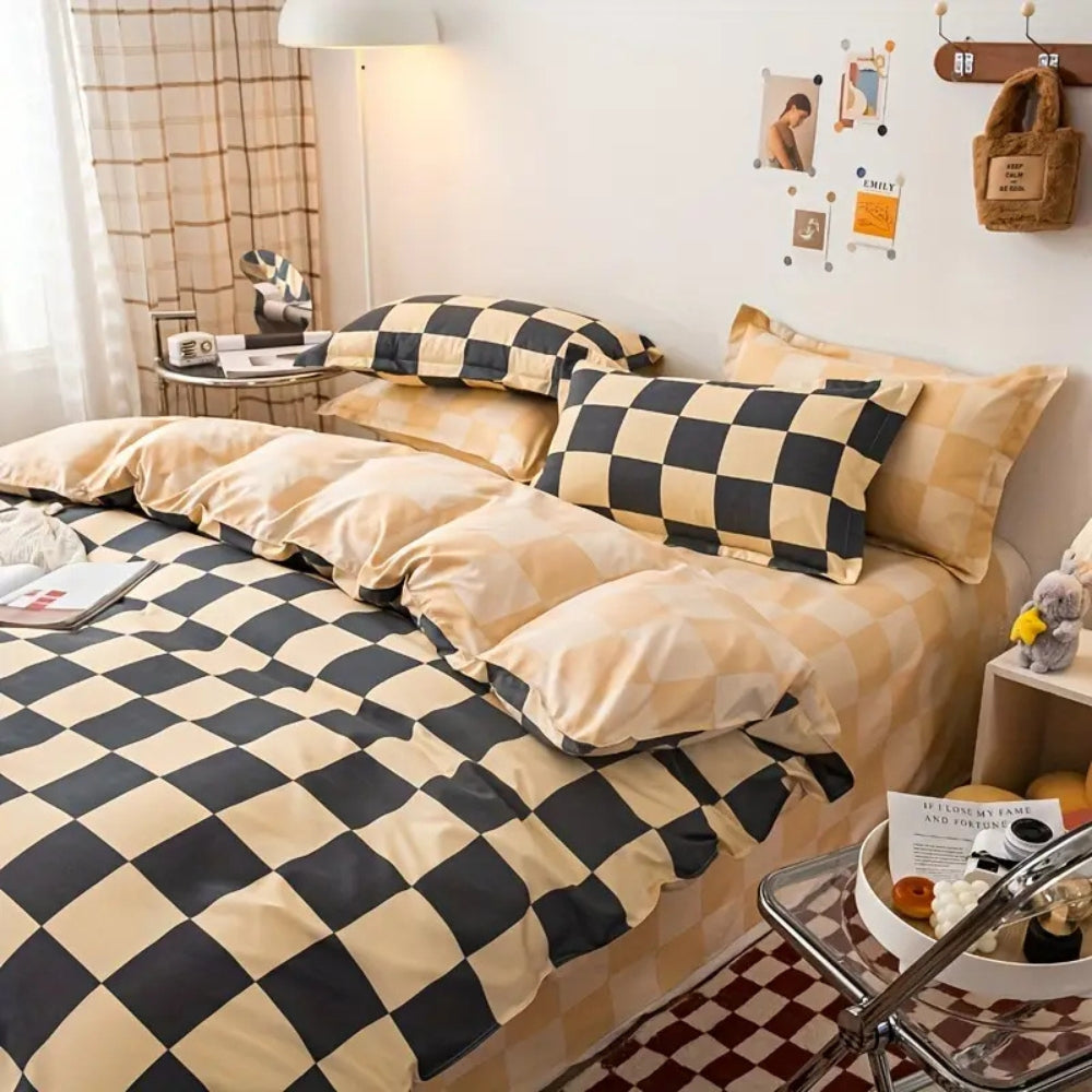 Checkered Cotton-Microfiber Duvet Cover Set with Pillowcases