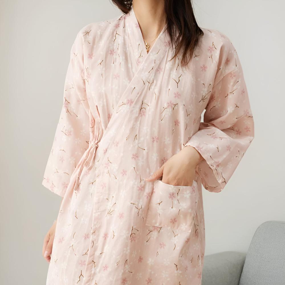 Floral Cotton Yukata Bathrobe with Adjustable Waist