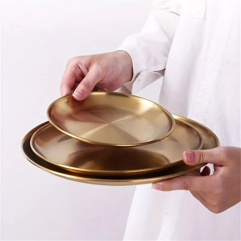 Golden Stainless Steel Serving Plates - Elegant & Rust-Resistant