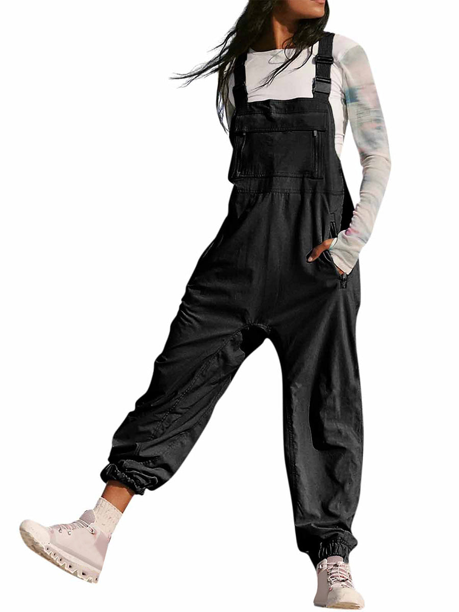 Loose Fit Women's Cargo Overalls with Zippered Pockets