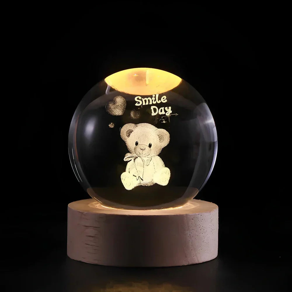 LED Night Light with 3D Crystal Sphere and Wooden Base