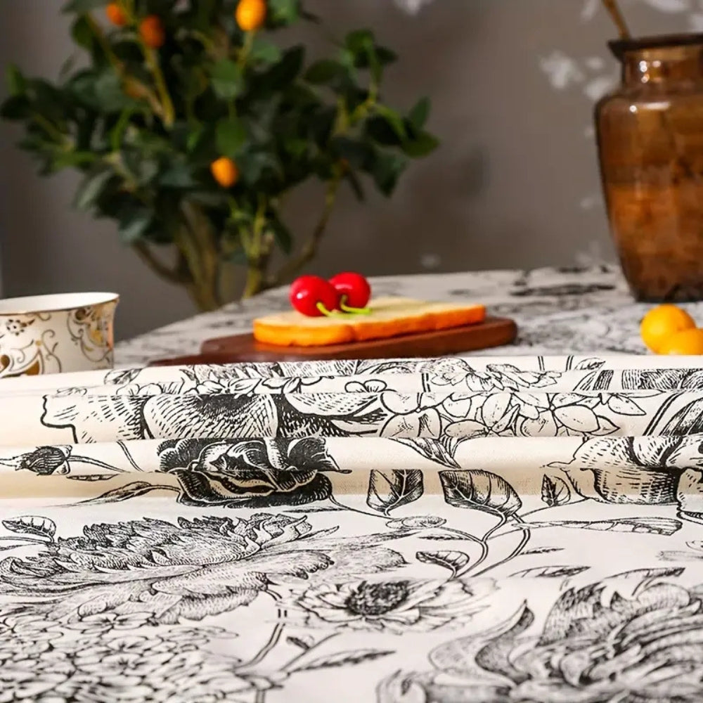 Black Floral Tasseled Tablecloth for Rustic Dining