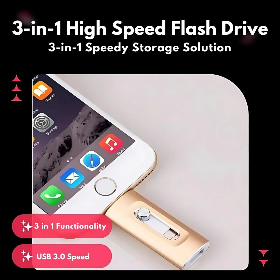 3-in-1 USB Stick with USB 3.0, OTG, and Type C Adapters