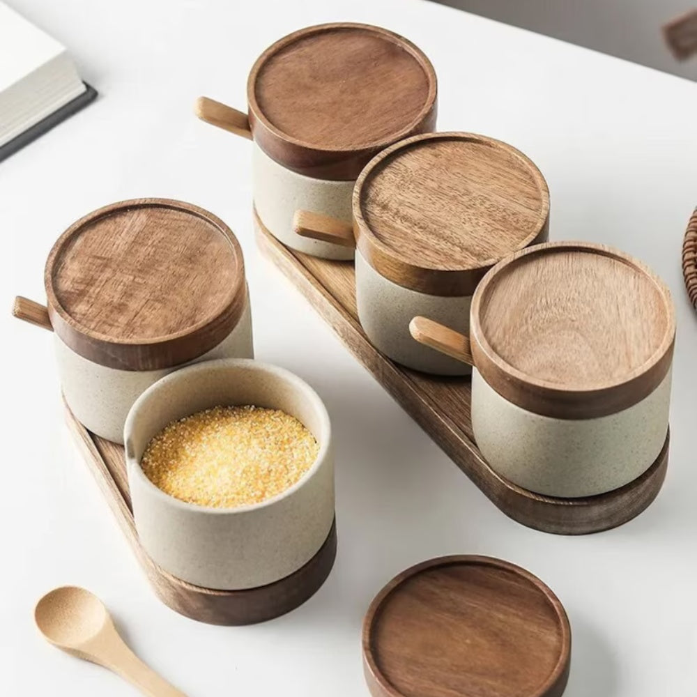Ceramic Seasoning Jar Set with Wooden Lids