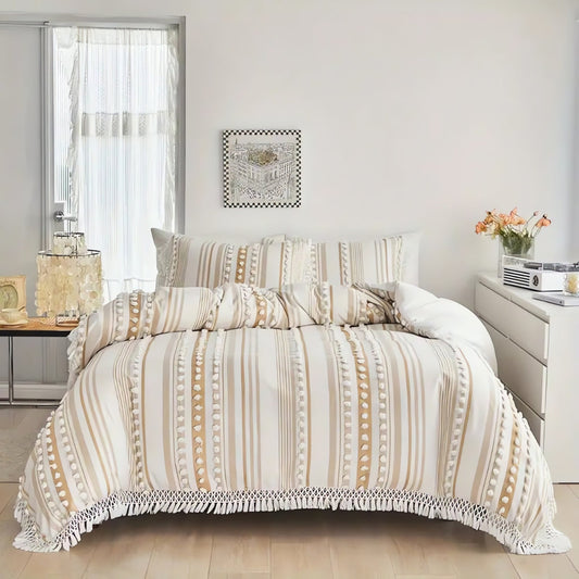 Soft Stripe Tassel Duvet Set in Cotton-Microfiber Blend