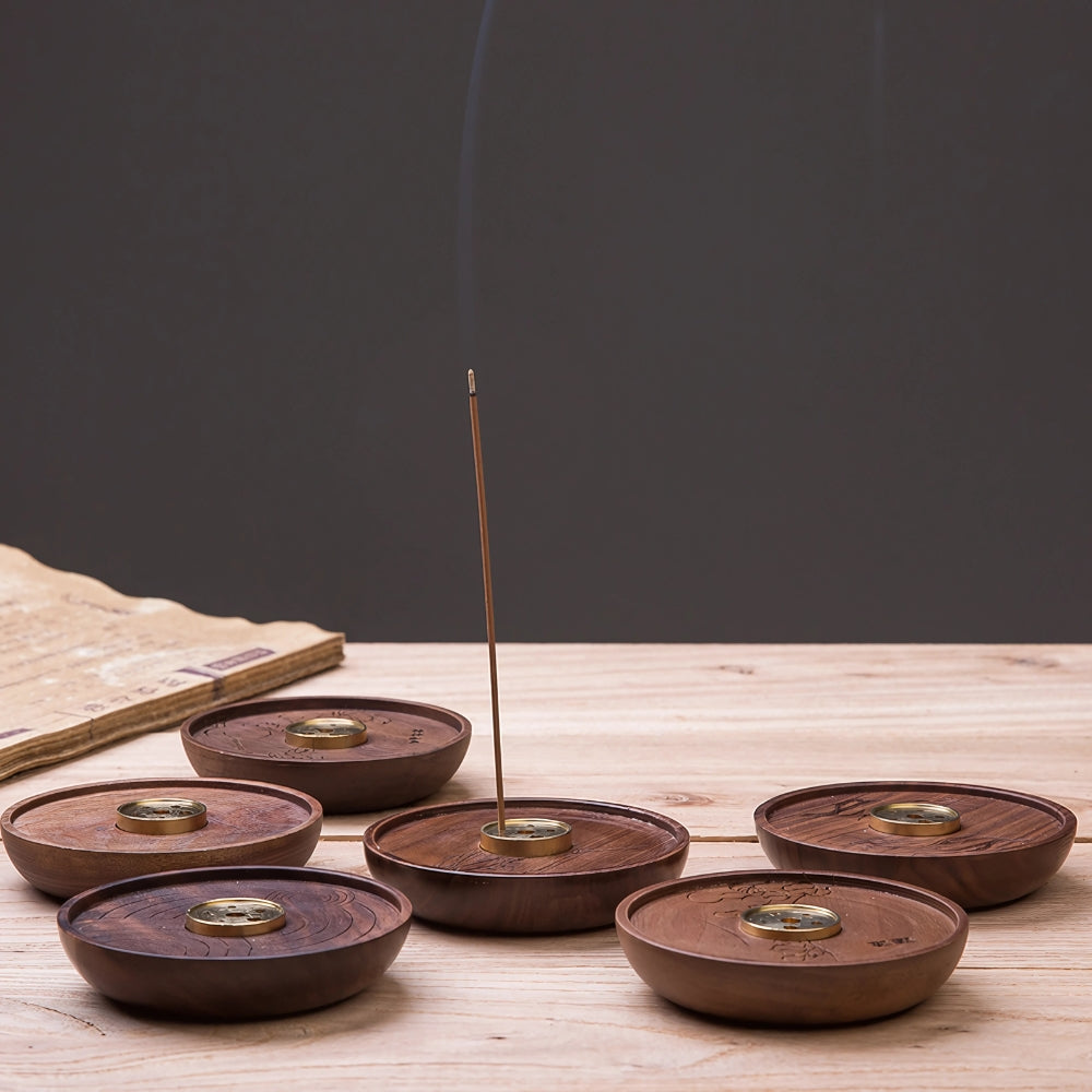 Round Wooden Incense Holder with Copper Insert