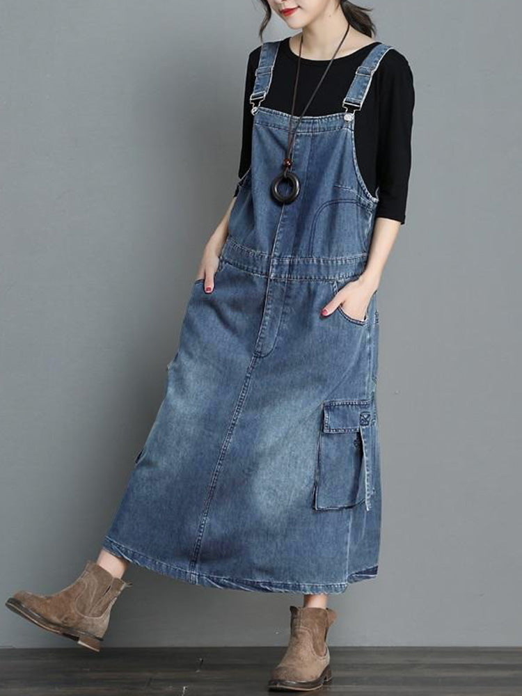 Loose Fit Vintage Denim Overall Dress with Adjustable Straps