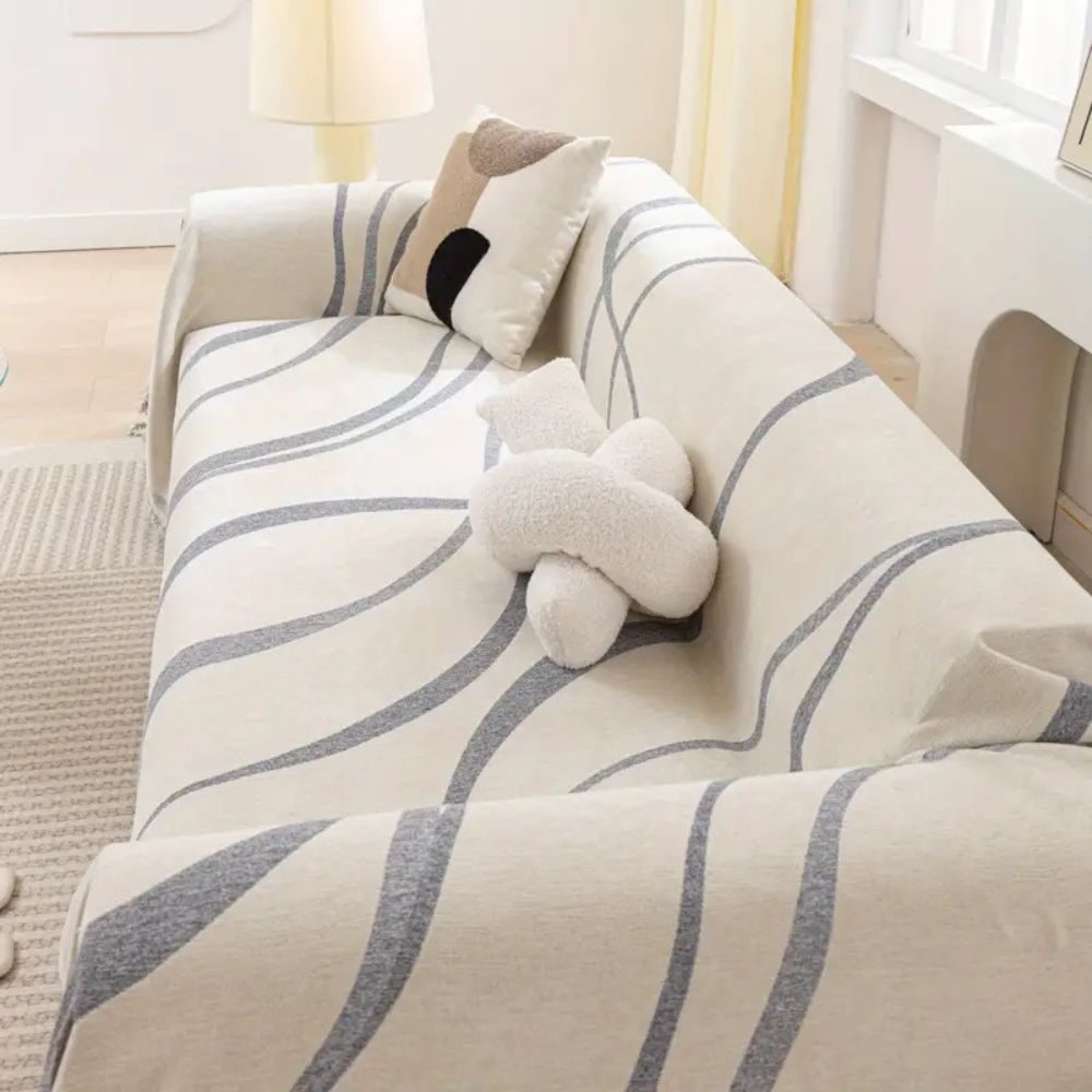 Non-Slip Wave Lines Chenille Sofa Cover with Tassels