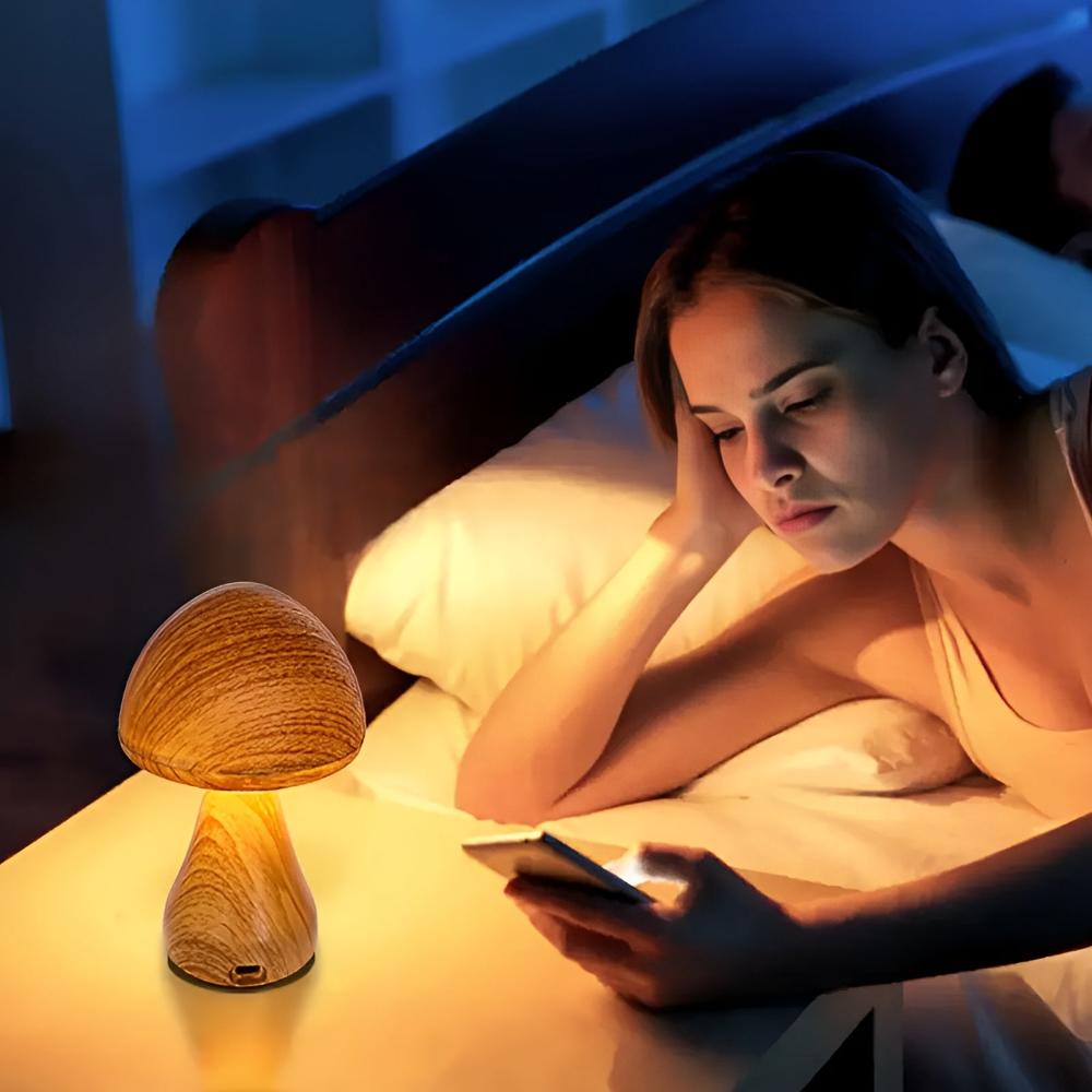 Rechargeable Wooden Mushroom Lamp with Adjustable Light Settings
